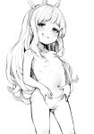 1girl ass_visible_through_thighs bangs blush breasts cagliostro_(granblue_fantasy) check_commentary collarbone commentary_request cowboy_shot eyebrows_visible_through_hair granblue_fantasy greyscale hairband highres long_hair looking_at_viewer monchan_rev3 monochrome naughty_face navel nude pussy ribs simple_background small_breasts smug stomach teeth tiara uncensored white_background 
