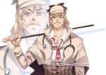  1boy blonde_hair brown_capelet brown_headwear brown_jacket cane capelet collared_shirt commentary deerstalker detective eyebrows_visible_through_hair facial_hair hat highres hinghoi holding holding_cane hololive hololive_english holomyth jacket long_sleeves looking_at_viewer male_focus manly monocle_hair_ornament multiple_views mustache mustache_print necktie red_neckwear scar sherlock_holmes shirt standing stethoscope upper_body watson_amelia white_background white_shirt wing_collar 