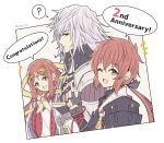  1boy 2girls :d ? anniversary armor breasts eyebrows_visible_through_hair fan_la_norne fingerless_gloves gloves highres jin_(xenoblade) long_hair looking_at_viewer lora_(xenoblade) medium_breasts mochimochi_(xseynao) multiple_girls one_eye_closed open_mouth short_hair shoulder_armor simple_background smile speech_bubble twitter_username upper_body v white_background xenoblade_chronicles_(series) xenoblade_chronicles_2 xenoblade_chronicles_2:_torna_-_the_golden_country yellow_eyes 