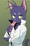  animal_humanoid anthro cat_humanoid cellphone clothing dark_ishihara domestic_cat dress_shirt felid felid_humanoid feline feline_humanoid felis flip_phone fur hi_res holding_object holding_phone humanoid kemono male mammal mammal_humanoid morenatsu phone purple_body purple_fur shin_(morenatsu) shirt solo topwear video_games visual_novel yellow_eyes 