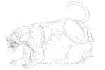  2019 3:2 abs after_vore belly big_belly bodily_fluids claws domestic_cat drooling felid feline felis grindavikbydaylight hair hairless hairless_cat hyper hyper_belly male male_pred mammal monochrome muscular muscular_male overweight overweight_male saliva simple_background sketch solo sphynx_(cat) thick_thighs tongue tongue_out vore white_background 