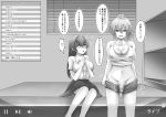  2girls bed blinders blouse breasts cleavage covered_nipples futanari greyscale highres livestream long_hair monochrome multiple_girls original penis ponytail progress_bar recording shelf shorts shounan_no_tamasu sitting skirt surprised tank_top translation_request undressing viewfinder volume_symbol window 