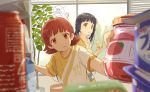  2girls :3 ? bangs black_hair blue_hair blunt_bangs blurry_foreground brown_eyes eating food foreshortening highres idolmaster idolmaster_million_live! in_container indoors jam kitakami_reika long_hair low_twintails marimo_(momiage) medium_hair multiple_girls plant potted_plant pudding red_eyes red_hair refrigerator refrigerator_interior spoon_in_mouth strawberry_jam thought_bubble twintails 