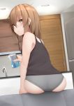  1girl ass bangs black_tank_top blush brown_eyes brown_hair can closed_mouth eyebrows_visible_through_hair from_behind grey_panties hair_between_eyes head_tilt holding holding_can indoors kantai_collection ne_an_ito panties short_hair sink sitting solo tank_top underwear wakaba_(kantai_collection) 