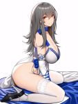  1girl ass azur_lane bare_shoulders between_legs blue_flower blush breasts china_dress chinese_clothes cleavage closed_mouth cross cross_earrings dress earrings elbow_gloves eyebrows_visible_through_hair eyes_visible_through_hair fingerless_gloves flower full_body gloves grey_hair hair_between_eyes hand_between_legs high_heels highres jewelry large_breasts light_smile long_hair looking_at_viewer mole mole_under_eye red_eyes saint-louis_(azur_lane) saint-louis_(brilliant_paladin)_(azur_lane) sitting siu_(siu0207) sleeveless sleeveless_dress solo thighhighs wariza 