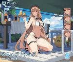  1girl aiko_(kanl) alternate_costume azur_lane bikini breasts brown_hair cleavage detached_collar expressions eyebrows_visible_through_hair groin highres holding holding_tray large_breasts long_hair looking_at_viewer maid_headdress manjuu_(azur_lane) navel official_art one_knee red_eyes sandals sidelocks solo stomach swiftsure_(azur_lane) swimsuit thighs tray very_long_hair white_bikini wrist_cuffs 