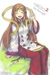 1girl :d blush breasts brown_hair chest_jewel circlet closed_eyes fan_la_norne feet_out_of_frame gofelem long_hair long_sleeves medium_breasts open_mouth sitting sketch smile solo tabard upper_teeth v xenoblade_chronicles_(series) xenoblade_chronicles_2 xenoblade_chronicles_2:_torna_-_the_golden_country 