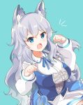  1girl :o animal_ear_fluff animal_ears aqua_background blue_eyes blue_skirt breasts commentary_request english_commentary eyebrows_visible_through_hair fang hair_between_eyes hidejiu highres indie_virtual_youtuber large_breasts long_hair looking_at_viewer lumi_(merryweather) open_mouth paw_pose sidelocks simple_background skin_fang skirt smile solo tail very_long_hair virtual_youtuber white_hair wolf_ears wolf_girl wolf_tail 