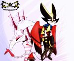  angel_dust anthro carrying claws clothed clothing crossover duo eyes_closed fangs female fur hazbin_hotel hi_res husk husk_(hazbin_hotel) knightmoonlight98 male marvel mask multi_arm multi_limb simple_background smile suit white_background white_body white_fur wolverine_(marvel) 