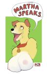  ahegao anthro big_breasts bodily_fluids breasts brown_ears canid canine canis collar domestic_dog drooling female fur goonie-san hi_res looking_pleasured mammal martha_lorraine martha_speaks saliva simple_background solo speech_bubble tears teeth white_body white_fur yellow_body yellow_fur 