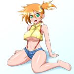  1girl barefoot breasts green_eyes gym_leader highres looking_at_viewer midriff misty_(pokemon) navel open_mouth orange_hair pokemon pokemon:_the_electric_tale_of_pikachu short_hair shorts side_ponytail simple_background smile solo suspenders underboob yensh 