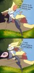  2koma 9:19.5 absurd_res anthro bodily_fluids braixen cowgirl_position duo english_text female feral hi_res kittenyartz male male/female mammal nintendo on_bottom on_top pok&eacute;mon pok&eacute;mon_(species) sex text typhlosion video_games 