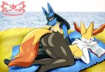  anthro beach black_body black_fur blue_body blue_fur book braixen breasts butt claws clenched_teeth detailed_background duo fangs female fluffy fluffy_tail fur kneeling knightmoonlight98 lucario male male/female multicolored_body multicolored_fur nintendo open_mouth open_smile orange_body orange_fur pok&eacute;mon pok&eacute;mon_(species) reading reading_book red_eyes seaside smile spikes teeth video_games white_body white_fur yellow_body yellow_fur 