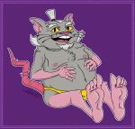  4_toes anthro barefoot bodily_fluids border clothing facial_hair feet foot_fetish fur grey_body grey_fur hands_on_belly haven_(artist) looking_at_viewer male mammal master_splinter murid murine navel nipples open_mouth overweight overweight_anthro overweight_male plantigrade purple_border rat rat_tail rise_of_the_teenage_mutant_ninja_turtles rodent simple_background smile solo speedo sweat sweaty_feet swimwear teenage_mutant_ninja_turtles toes whiskers yellow_eyes 