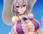  anthropomorphism asamura_hiori azur_lane bikini breasts choker cleavage close clouds cropped hat necklace purple_eyes purple_hair reno_(azur_lane) short_hair sideboob sky swimsuit 