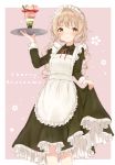  1girl absurdres apron blonde_hair cherry_blossoms dress green_eyes highres long_hair maid maid_apron maid_dress maid_headdress original parfait pinafore_dress potate simple_background solo twintails 