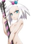  1girl aqua_eyes breasts closed_mouth commentary_request eyelashes guitar hair_bobbles hair_ornament highres holding holding_instrument igana_asonerikes instrument nipples nude pokemon pokemon_(game) pokemon_bw2 roxie_(pokemon) shiny shiny_skin small_breasts solo topknot v-shaped_eyebrows white_hair 