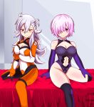  2girls absurdres blush bodysuit braid breasts chaldea_combat_uniform cleavage fate/grand_order fate_(series) gloves hair_over_one_eye highres leotard mash_kyrielight multiple_girls olga_marie_animusphere orange_bodysuit purple_eyes purple_gloves purple_hair reiei_8 short_hair side_braid thighhighs white_hair yellow_eyes 