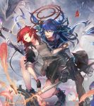  2girls :d arknights black_footwear black_gloves black_jacket black_legwear black_skirt blue_eyes blue_hair boots commentary_request exusiai_(arknights) gloves grey_shirt halo holding holding_staff horns jacket long_hair long_sleeves looking_at_viewer mismatched_gloves mostima_(arknights) multiple_girls nijimaarc open_clothes open_jacket open_mouth originium_arts_(arknights) pantyhose raglan_sleeves red_hair shirt skirt smile staff white_gloves 