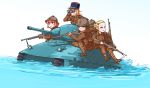  4girls absurdres amx-40 appetizer_(gray) binoculars blonde_hair breasts brown_eyes brown_hair caterpillar_tracks green_eyes ground_vehicle gun hat highres korean_commentary long_hair machine_gun military military_hat military_uniform military_vehicle motor_vehicle multiple_girls orange_hair original red_eyes red_hair rifle short_hair tank uniform water wavy_mouth weapon white_background 