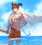 1boy absurdres black_horns chest_scar day food hand_in_pocket highres holding holding_food horns innertube kebab looking_at_viewer male_focus muscle navel nigel_(sdorica) orange_eyes outdoors pectorals r_suka red_hair scar sdorica solo summer towel transparent wading water white_towel 