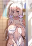  1girl :o absurdres ahoge areola_slip areolae azur_lane bangs bathroom blue_eyes blunt_bangs blurry blurry_background blush breasts choker collarbone covered_navel covering depth_of_field elbow_gloves eyebrows_visible_through_hair gloves groin hand_on_own_chest highres illustrious_(azur_lane) indoors large_breasts light long_hair looking_at_viewer low_twintails lumu_yuanxiang nude_cover open_mouth partly_fingerless_gloves see-through silver_hair solo towel twintails white_choker white_gloves 