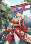  1girl absurdres ahoge alternate_costume azur_lane bangs blue_hair blush breasts cleavage collarbone eyebrows_visible_through_hair fur_trim hair_ornament hand_on_own_chest highres japanese_clothes kimono large_breasts long_hair looking_at_viewer obi purple_eyes red_kimono revision sash sidelocks smile st._louis_(azur_lane) st._louis_(tipsy_snow)_(azur_lane) stairs temple thighhighs tming tree white_legwear 