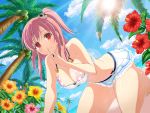  1girl bikini breasts dead_or_alive dead_or_alive_5 dead_or_alive_xtreme finger_to_mouth flower from_below full_body hair_ornament highres honoka_(doa) large_breasts official_art one_side_up pink_hair red_eyes senran_kagura senran_kagura_new_link skirt skull_hair_ornament sky smile swimsuit thighhighs yaegashi_nan 