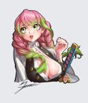  1girl absurdres breasts cleavage commission green_eyes grey_background highres holstered_weapon kanroji_mitsuri katana kimetsu_no_yaiba large_breasts looking_up mole mole_under_eye parted_lips pink_hair solo sword thick_lips tiger_june weapon 