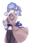  1girl alternate_costume black_legwear blue_eyes blue_hair blue_sky bouquet brown_coat camera coat eyebrows_visible_through_hair flower gloves gotland_(kantai_collection) hair_between_eyes hair_bun half_gloves highres himeyamato jacket kantai_collection long_hair looking_at_viewer mole mole_under_eye neck_ribbon pantyhose ribbon sack shirt simple_background sky smile solo white_background white_gloves white_shirt 