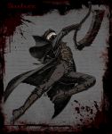  1boy arm_up belt black_capelet black_gloves black_headwear blood blood_splatter bloodborne boots brown_belt brown_coat brown_footwear brown_pants brown_shirt capelet coat commentary_request copyright_name gloves grey_background grey_shirt hat highres hunter_(bloodborne) kamezaemon leg_up long_sleeves male_focus mask mouth_mask outstretched_leg pants saw_cleaver shirt solo stone_wall tricorne wall weapon 