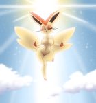  2020 2_toes 3_fingers anthro big_breasts big_ears bit-small black_nose breasts cloud digital_media_(artwork) eyelashes eyes_closed female fingers fur gesture hi_res legendary_pok&eacute;mon light mammal navel nintendo orange_body orange_fur pok&eacute;mon pok&eacute;mon_(species) sky solo sun thick_thighs toes v_sign victini video_games wide_hips wings 