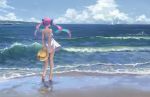  1girl arms_behind_back bare_arms bare_legs bare_shoulders barefoot beach blue_hair blue_sky boat cloud commentary_request day dress from_behind gawain_(artist) hair_ribbon hat hat_removed headwear_removed highres holding_head hololive horizon long_hair minato_aqua multicolored_hair ocean outdoors purple_hair purple_ribbon reflection ribbon sailboat scenery short_dress sky sleeveless sleeveless_dress solo standing sun_hat sundress twintails two-tone_hair virtual_youtuber water watercraft waves white_dress wide_shot 