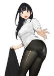  1girl ass bangs black_hair embarrassed highres holding holding_clothes holding_skirt long_hair looking_back original panties panties_under_pantyhose pantyhose shirt skirt skirt_removed solo thighs torn_clothes torn_legwear underwear white_panties white_shirt yomu_(sgt_epper) 