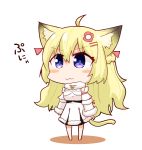  1girl :3 ahoge animal_ear_fluff animal_ears blonde_hair blue_eyes blush breasts cat_ears cat_girl cat_tail chibi commentary_request detached_sleeves dress eyebrows_visible_through_hair fur_collar hair_between_eyes hair_ornament hairclip highres hololive kuroshiro1011 looking_at_viewer medium_breasts simple_background sleeveless sleeveless_dress solo tail tsunomaki_watame virtual_youtuber white_background white_dress white_sleeves 