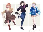  3girls :d ahoge animal_on_head argyle argyle_sweater asahikawa_hiyori bag bangs bare_legs beret bird bird_on_head black_footwear black_hair black_skirt black_sweater blue_hair blue_sweater blunt_bangs boots bracelet braid brown_footwear brown_hair brown_headwear brown_skirt chain character_request denim eyebrows_visible_through_hair flower full_body green_eyes grin hair_bun hair_flower hair_ornament hair_over_shoulder hairclip hand_up handbag hat high-waist_skirt holding holding_bag honma_himawari jeans jewelry knee_boots leg_up lize_helesta long_hair long_skirt long_sleeves miniskirt multicolored_hair multiple_girls necklace nijisanji on_head open_mouth pants patterned_clothing purple_eyes ribbon salute sebastian_piyodore shirt shoes short_hair shoulder_bag silver_hair skirt smile sneakers socks standing standing_on_one_leg sunflower_hair_ornament sweater twin_braids two-tone_background two-tone_hair v virtual_youtuber white_shirt wristband yellow_ribbon 