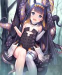  1girl :d bangs black_dress black_gloves blue_eyes blunt_bangs breasts dress fang forest gloves halo headpiece highres hololive long_hair looking_at_viewer mogmog nature ninomae_ina&#039;nis open_mouth pointy_ears purple_hair sidelocks single_thighhigh sitting small_breasts smile solo strapless strapless_dress tentacles thighhighs tree virtual_youtuber white_legwear 