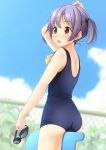  1girl ass between_thighs blue_sky blurry blush chain-link_fence cloud commentary_request cowboy_shot day depth_of_field fence goggles goggles_removed highres kickboard open_mouth original outdoors poolside purple_hair red_eyes school_swimsuit shibacha short_hair sky solo swim_cap_removed swimsuit twintails 