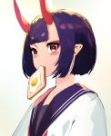  1girl absurdres bangs blue_sailor_collar blush bob_cut breasts contemporary egg eyeliner fate/grand_order fate_(series) food food_in_mouth highres horns long_sleeves looking_at_viewer makeup mouth_hold okoru_ringo oni oni_horns purple_hair red_eyes sailor_collar shirt short_eyebrows short_hair shuten_douji_(fate/grand_order) simple_background skin-covered_horns small_breasts toast toast_in_mouth white_background white_shirt 