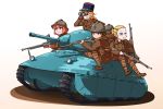  4girls absurdres amx-40 appetizer_(gray) binoculars blonde_hair breasts brown_eyes brown_hair caterpillar_tracks green_eyes ground_vehicle gun hat highres korean_commentary long_hair machine_gun military military_hat military_uniform military_vehicle motor_vehicle multiple_girls orange_hair original red_eyes red_hair rifle short_hair tank uniform wavy_mouth weapon white_background 