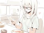  1girl ^_^ asutora asutora-chan chopsticks closed_eyes eating food glasses holding holding_chopsticks original salmon smile solo white_hair 