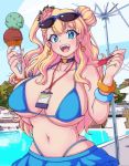  1girl absurdres bikini blonde_hair blue_bikini blue_eyes blush bracelet breasts choker commentary earrings food galko hair_bun hair_ornament highres ice_cream jewelry large_breasts long_hair navel necklace open_mouth oshiete!_galko-chan side_ponytail solo swimsuit vann_nico3 