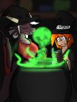  3:4 anthro aquatic_dragon blurred_background cauldron clipboard clothing dark_place dragon duo female hair hat headgear headwear hi_res human humanoid magic_user mammal marine orange_hair pencil_(object) poison poison_cloud reptile scalie tagme varix white_hair witch witch_hat 