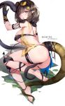  1girl :p absurdres animal arknights arm_strap armor artist_name ass bangs barefoot bikini black_bikini black_gloves black_hair blue_eyes blunt_bangs blush breasts character_name covered_nipples crocodilian_tail eunectes_(arknights) eyebrows_visible_through_hair eyewear_on_head full_body gloves highres large_breasts looking_at_viewer melailai pointy_ears scales short_hair shoulder_armor sideboob simple_background skindentation snake solo sunglasses swimsuit thigh_strap toenail_polish tongue tongue_out torn_bikini white_background yellow-tinted_eyewear yellow_nails 