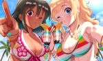  2girls bangs bare_shoulders bikini black_hair blonde_hair blue_eyes blush breasts cleavage cloud collarbone commentary_request dark_skin day drink eyebrows_visible_through_hair foreshortening from_below front-tie_bikini front-tie_top green_nails holding idolmaster idolmaster_cinderella_girls jewelry large_breasts long_hair looking_at_viewer multicolored multicolored_clothes multiple_girls nail_polish natalia_(idolmaster) necklace one_eye_closed ootsuki_yui outdoors outstretched_arm pettan_p pointing pointing_at_viewer ponytail puckered_lips purple_eyes reaching_out self_shot smile striped striped_bikini swimsuit upper_body 
