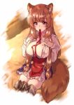  1girl animal_ear_fluff animal_ears bangs blue_skirt boots breasts brown_footwear brown_hair chest_tattoo closed_mouth commentary_request eyebrows_visible_through_hair frilled_skirt frills high-waist_skirt kuroi_mimei large_breasts long_hair looking_at_viewer mouth_hold multicolored multicolored_clothes multicolored_skirt open_clothes open_shirt opened_by_self raccoon_ears raccoon_girl raccoon_tail raphtalia red_eyes red_ribbon red_skirt ribbon ribbon_in_mouth sitting skirt slave_tattoo smile solo tail tate_no_yuusha_no_nariagari tattoo thigh_boots thighhighs 