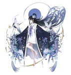  1girl absurdres bangs bare_legs barefoot bird black_hair blue_circle blue_flower crane_(animal) flower gradient_hair grey_hair highres leg_up long_hair multicolored_hair original plant shan_gui_yu_yao simple_background solo tassel very_long_hair white_background white_eyes 