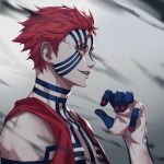  1boy akaza_(kimetsu_no_yaiba) bare_shoulders blue_sclera collarbone commentary_request face facepaint from_side hand_up highres himmel_(allsky83) jacket kimetsu_no_yaiba male_focus open_clothes open_jacket open_mouth profile red_hair red_nails short_hair smile solo spoilers tattoo teeth upper_body yellow_eyes 