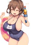  1girl alternate_breast_size blue_swimsuit breasts brown_hair cleavage closed_eyes collarbone commentary_request cowboy_shot fang hair_ornament hairclip highres huge_breasts ikazuchi_(kantai_collection) innertube kantai_collection name_tag oppai_loli school_swimsuit short_hair simple_background smile solo super_soaker swimsuit tsukasawa_takamatsu water_gun white_background 