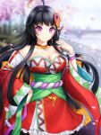  1girl ahoge black_hair blurry blurry_background breasts choker cleavage day detached_sleeves gigamessy hand_up japanese_clothes long_hair looking_at_viewer magatama_hair_ornament medium_breasts outdoors purple_eyes sakuya_(stella_glow) smile standing stella_glow wide_sleeves wristband 